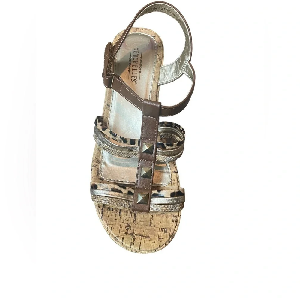 Seychelles Platform Wedge‎ Strappy Animal Print Brown Gold Sandals Heels 4